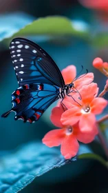Blue butterfly resting on coral flowers in soft focus garden.