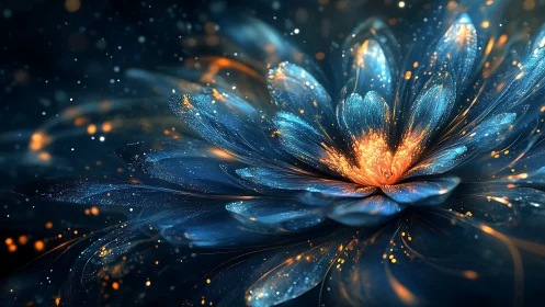 Glowing blue digital flower with bright orange center.