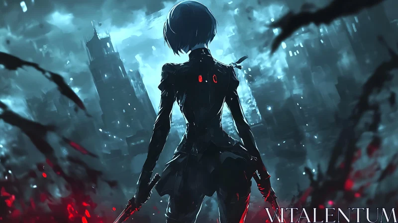 Cybernetic warrior stalks ruined neon city at nightfall.