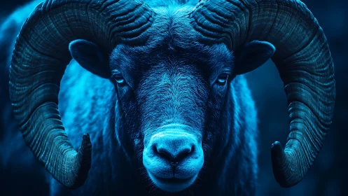 Blue-lit ram portrait with dramatic curled horns centered