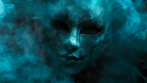 Oxidized metallic mask emerges through dense cyan atmospheric fog
