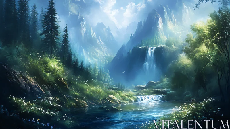 Mystic mountain valley waterfall under glowing morning light.