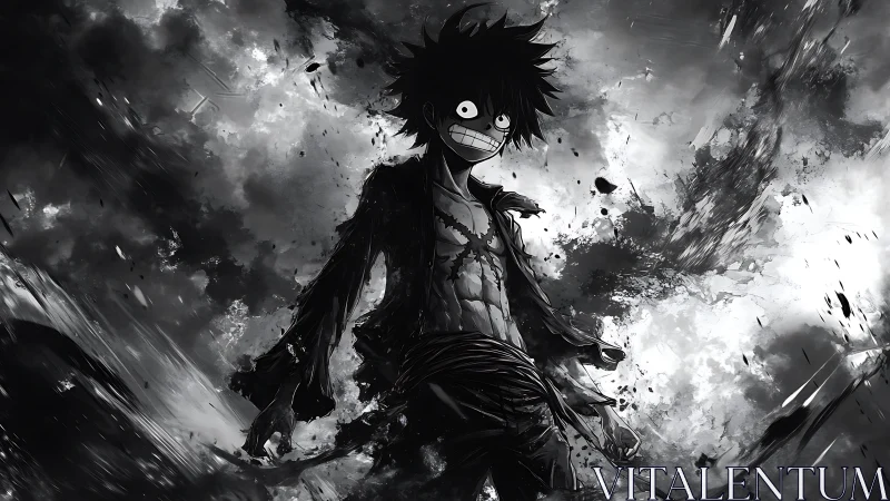 Monochrome anime combatant amid turbulent ink-splash vortex.