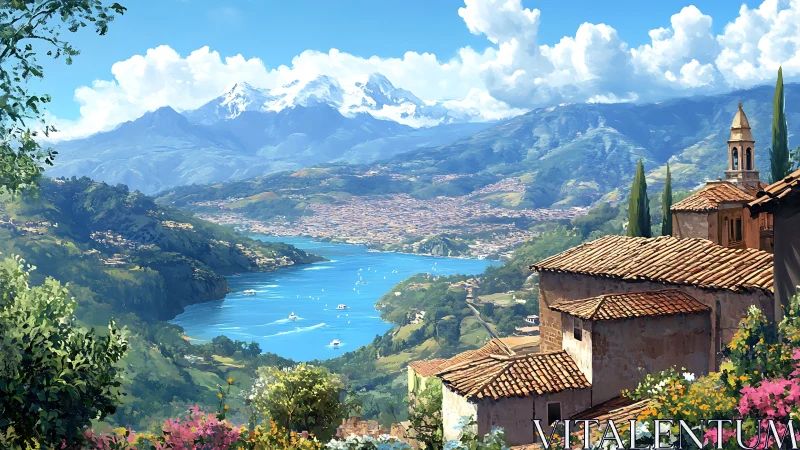 Mediterranean hilltown overlooking alpine lake panorama.