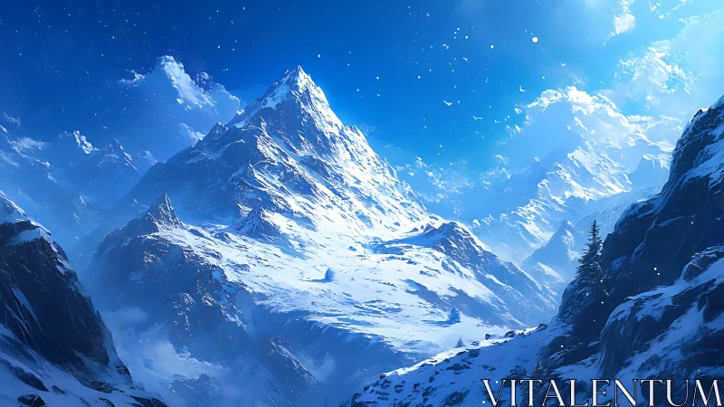 Snowy mountain peaks glowing under a clear blue sky.