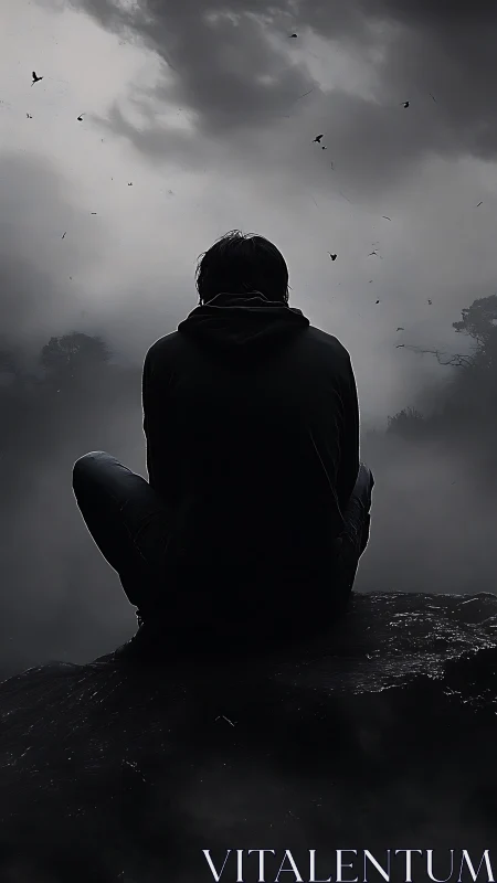 Solitary figure quietly watching storm clouds roll overhead