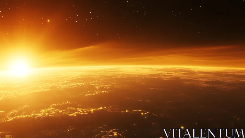 Golden sunrise above a quiet planet’s glowing horizon.