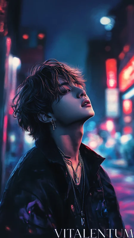 Neon night wanderer pausing in a dreamy city glow.