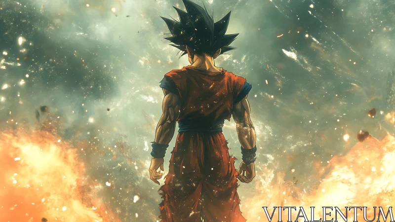 Lone flame-haired warrior surveying a storm of ash and fire.