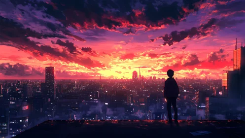 Silhouette watches illuminated city skyline under vivid sunset