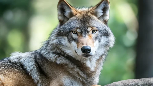 High-resolution frontal portrait of gray wolf in soft bokeh forest