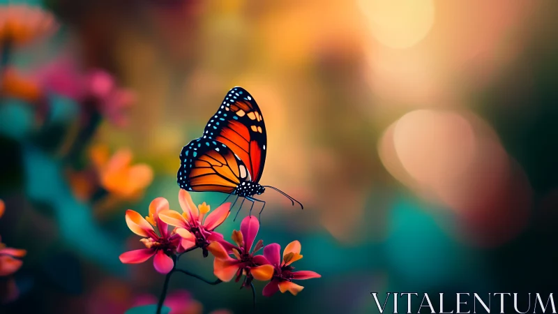 Shallow-depth macro study of monarch butterfly on vivid florals
