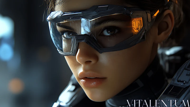 Close view of female cyborg wearing illuminated visor.