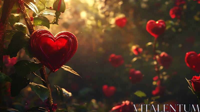 Heart-Shaped Ornaments on Branches with Warm Golden Lighting.
