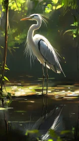Graceful white heron stands poised beside dappled forest pond.