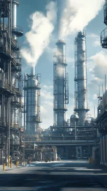 Industrial refinery stacks emit steam into clear blue sky