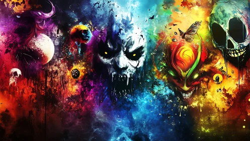 Multicolored skull and mask montage in abstract splatter field.
