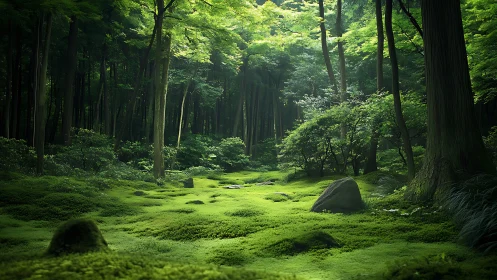 Sunlit forest clearing surrounded by tall trees.