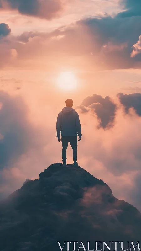 Quiet sunrise triumph on a misty mountain summit.