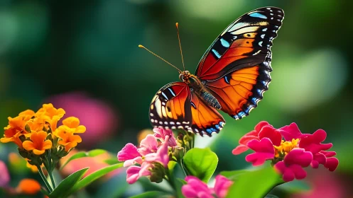 Macro analysis of multicolored butterfly on lantana blossoms.