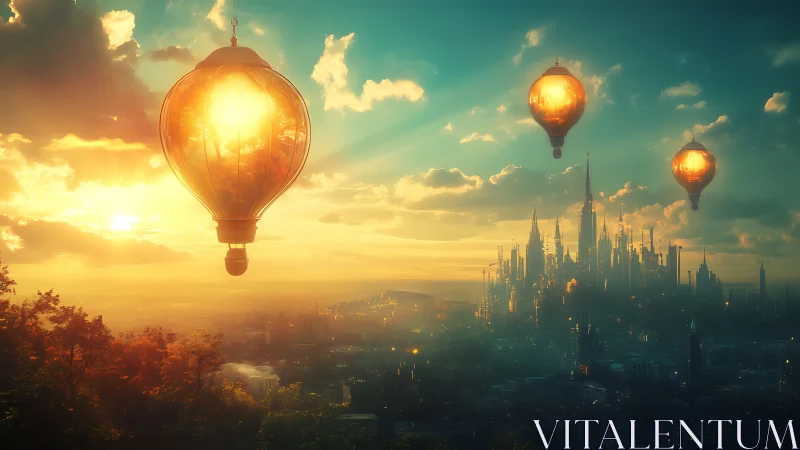 Luminous aerostat flotilla over neo-gothic sunrise megacity.