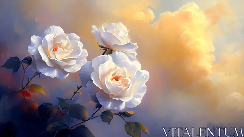 White Roses Glowing in Golden Sunrise Light and Clouds