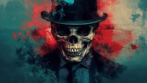 Skull-headed figure in suit with hat on abstract backdrop.