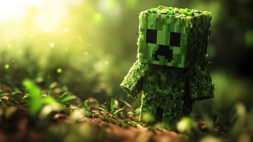 Voxel foliage creature in depth-of-field forest lighting study.