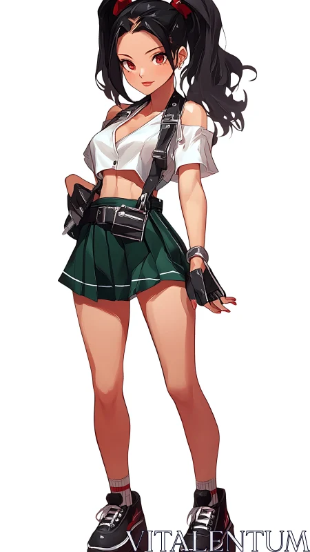 Confident anime schoolgirl stands poised in urban combat style