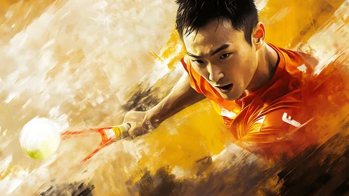 Dynamic tennis player lunges through blazing golden motion
