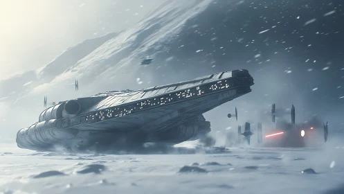 Snowy starship chase races across a stormy frozen frontier