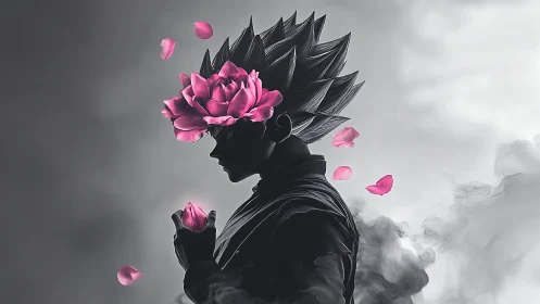 Anime silhouette warrior crowned with blooming lotus petals.