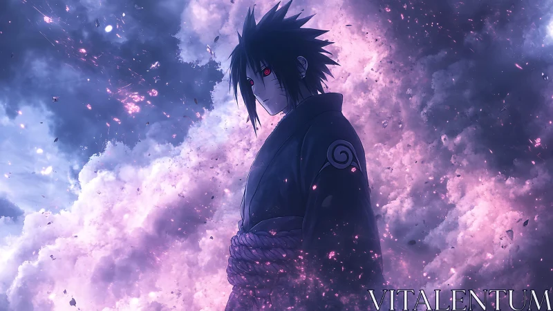 Stormlit anime warrior wrapped in glowing violet embers.