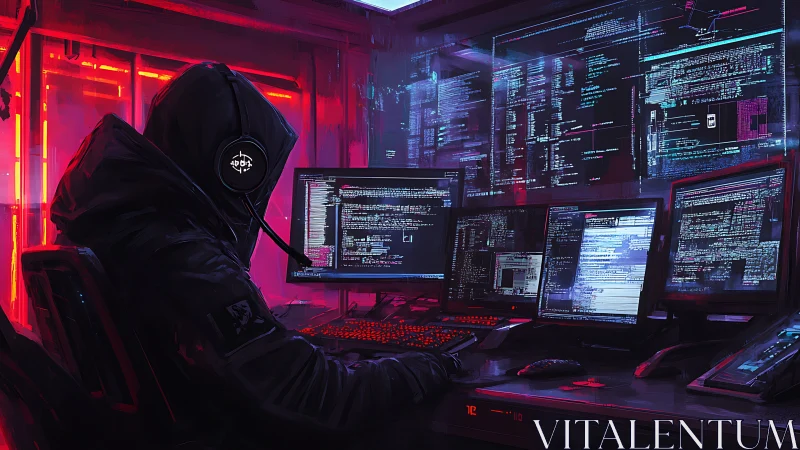 Cyberpunk hacker at neon-lit multi-monitor command center.