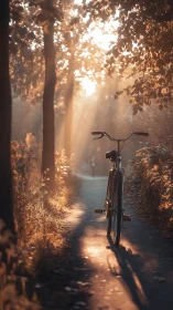 Bicycle Path Through Autumn Forest in Golden Hour Light.