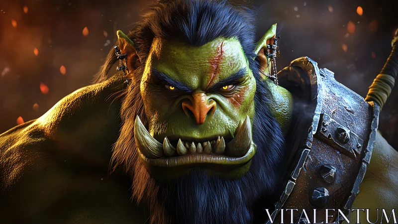 Orc warlord glares under ember-lit battle haze.