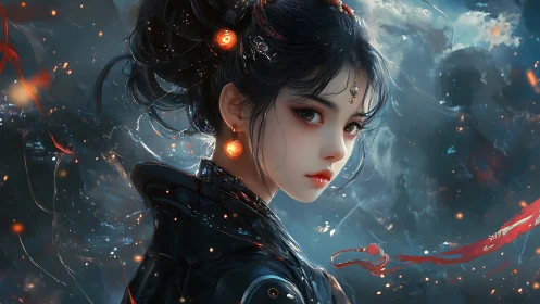 Celestial warrior gazes through swirling embers and mist.