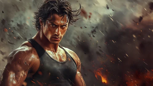 Hyper-real warrior portrait in explosive action setting.