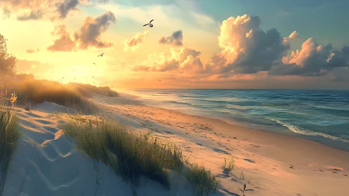 Sunlit coastal dunes border calm sea under glowing clouds