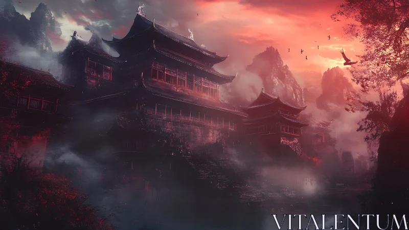 Ancient mountain temple rises in crimson mist at twilight