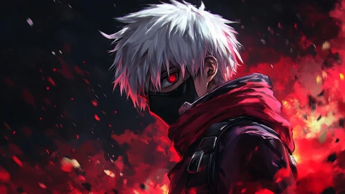 White-haired masked figure in red scarf amid red embers.