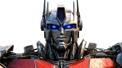 Front view of detailed humanoid robot with blue optics.