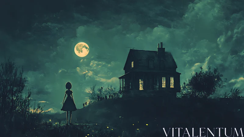 Moonlit silhouette before isolated Victorian hill house at night