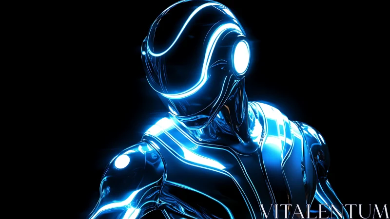 Neon-lit cybernetic humanoid with glowing visor lines.