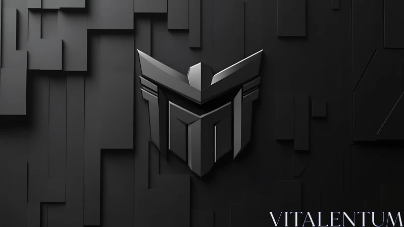 Geometric mech emblem in layered matte-black 3D relief.
