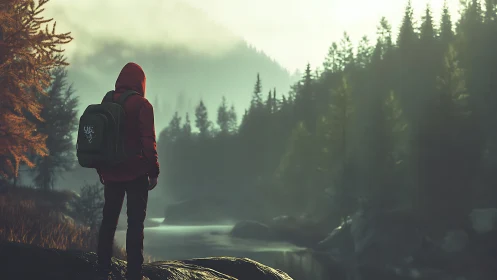 Solitary hooded figure observes misted conifer river valley