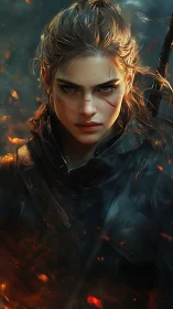 Fierce battle hardened warrior woman in burning dusk