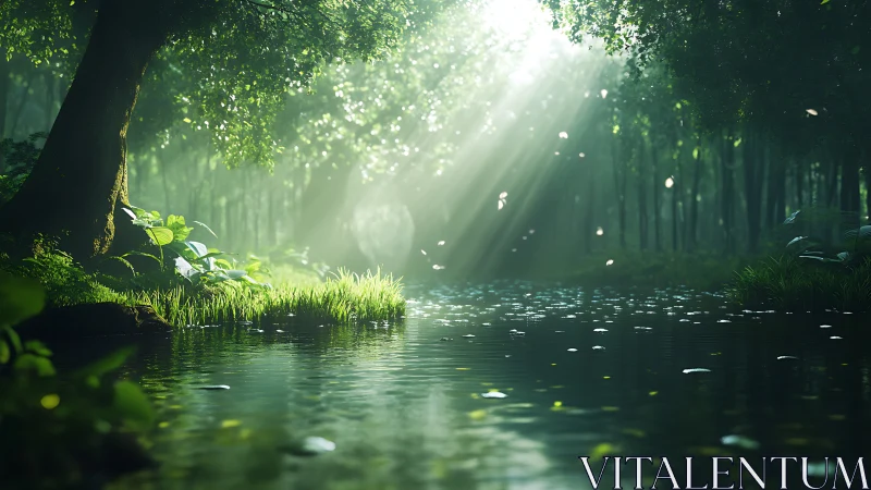 Verdant Forest Stream in Dappled Sunlight.