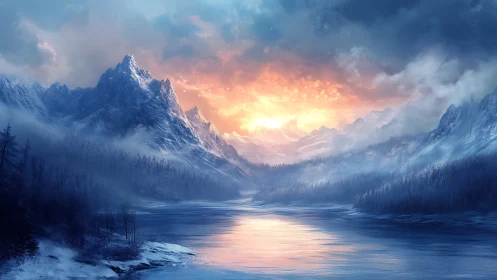 Glacial valley lake under volumetric sunrise scattering field.