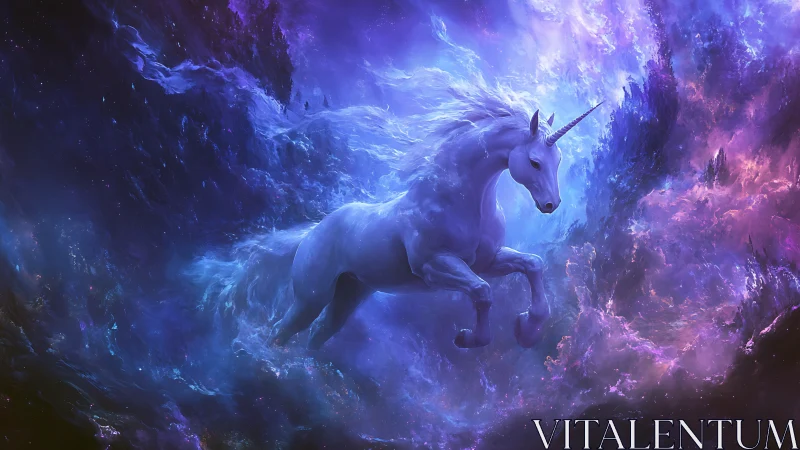 Starlit nebula unicorn sprinting through violet cosmic surf.